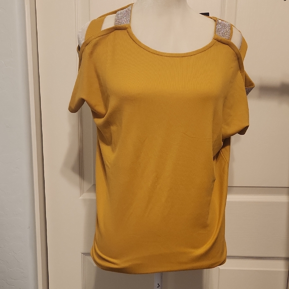 Mustard Yellow Top with Rhinestones, Cutout Sleeves